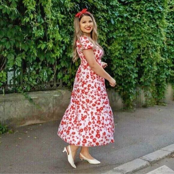 ZARA Floral Print Puff Sleeve Summer Midi Dress - Picture 9 of 14